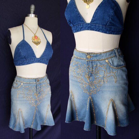 VERSACE Jeans Couture stud embellished denim jean dress skirt godet mermaid 40
